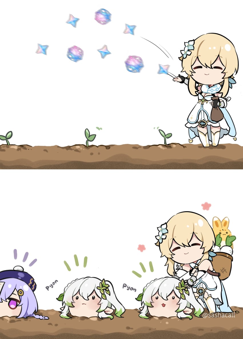 lumine, nahida, qiqi, and yuegui (genshin impact) drawn by sashacall