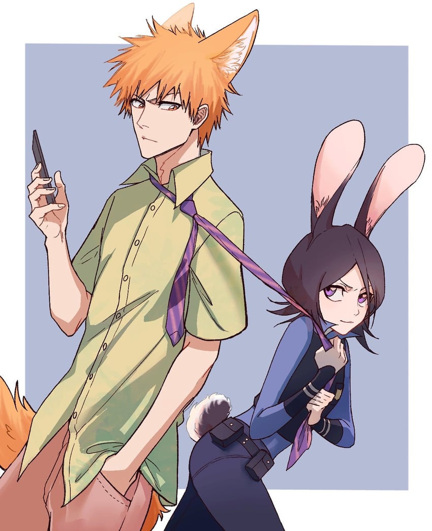 kuchiki rukia, kurosaki ichigo, judy hopps, and nick wilde (bleach and 1 more) drawn by cmwl_514