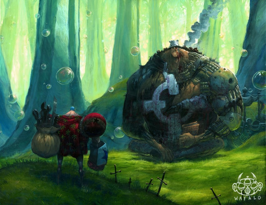 franky, thousand sunny, and bartholomew kuma (one piece) drawn by wafalo