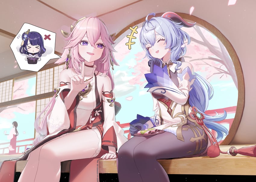 ganyu, raiden shogun, and yae miko (genshin impact) drawn by naruse_u