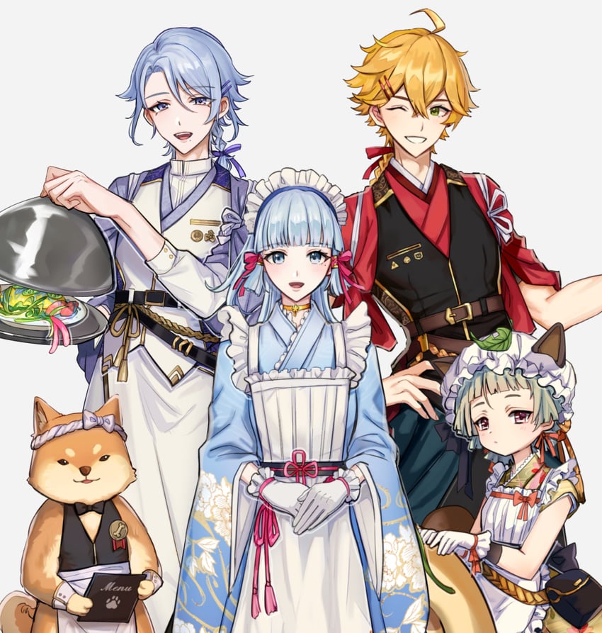 kamisato ayaka, kamisato ayato, thoma, sayu, and taroumaru (genshin impact) drawn by 63pun