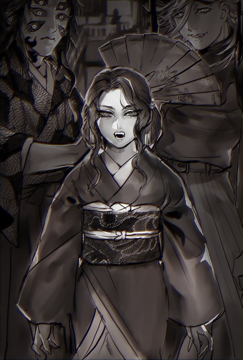 douma, kibutsuji muzan, and kokushibou (kimetsu no yaiba) drawn by chiruchiru