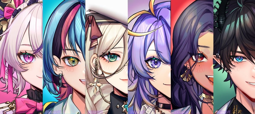 maria marionette, scarle yonaguni, ren zotto, aia amare, aster arcadia, and 1 more (nijisanji and 1 more) drawn by kyaree