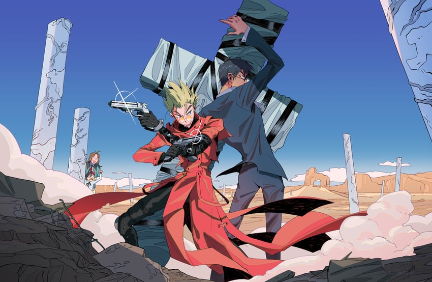 vash the stampede, nicholas d. wolfwood, meryl stryfe, and milly thompson (trigun) drawn by wishchu