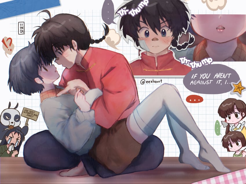 tendou akane, saotome ranma, tendou nabiki, tendou kasumi, saotome genma, and 1 more (ranma 1/2) drawn by eextrovrt