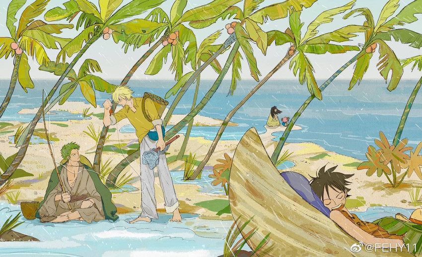 monkey d. luffy, roronoa zoro, sanji, and tony tony chopper (one piece) drawn by feleven