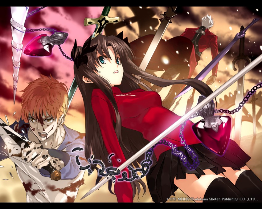 tohsaka rin, emiya shirou, and archer (fate and 1 more) drawn by morii_shizuki