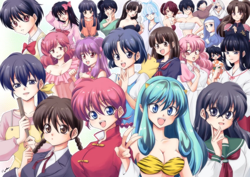lum, ranma-chan, shampoo, tendou akane, higurashi kagome, and 20 more (ranma 1/2 and 7 more) drawn by uehara_doh