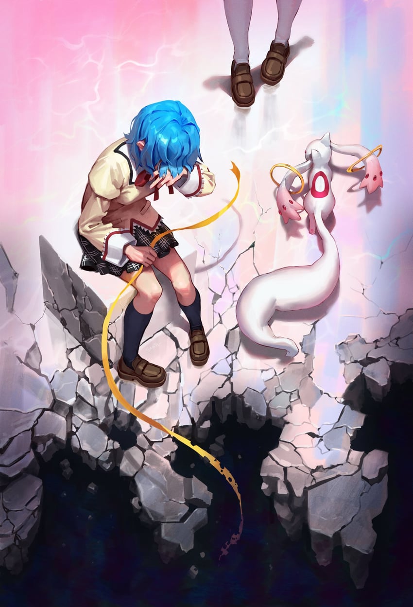 kaname madoka, miki sayaka, and kyubey (mahou shoujo madoka magica) drawn by starcat_bloom