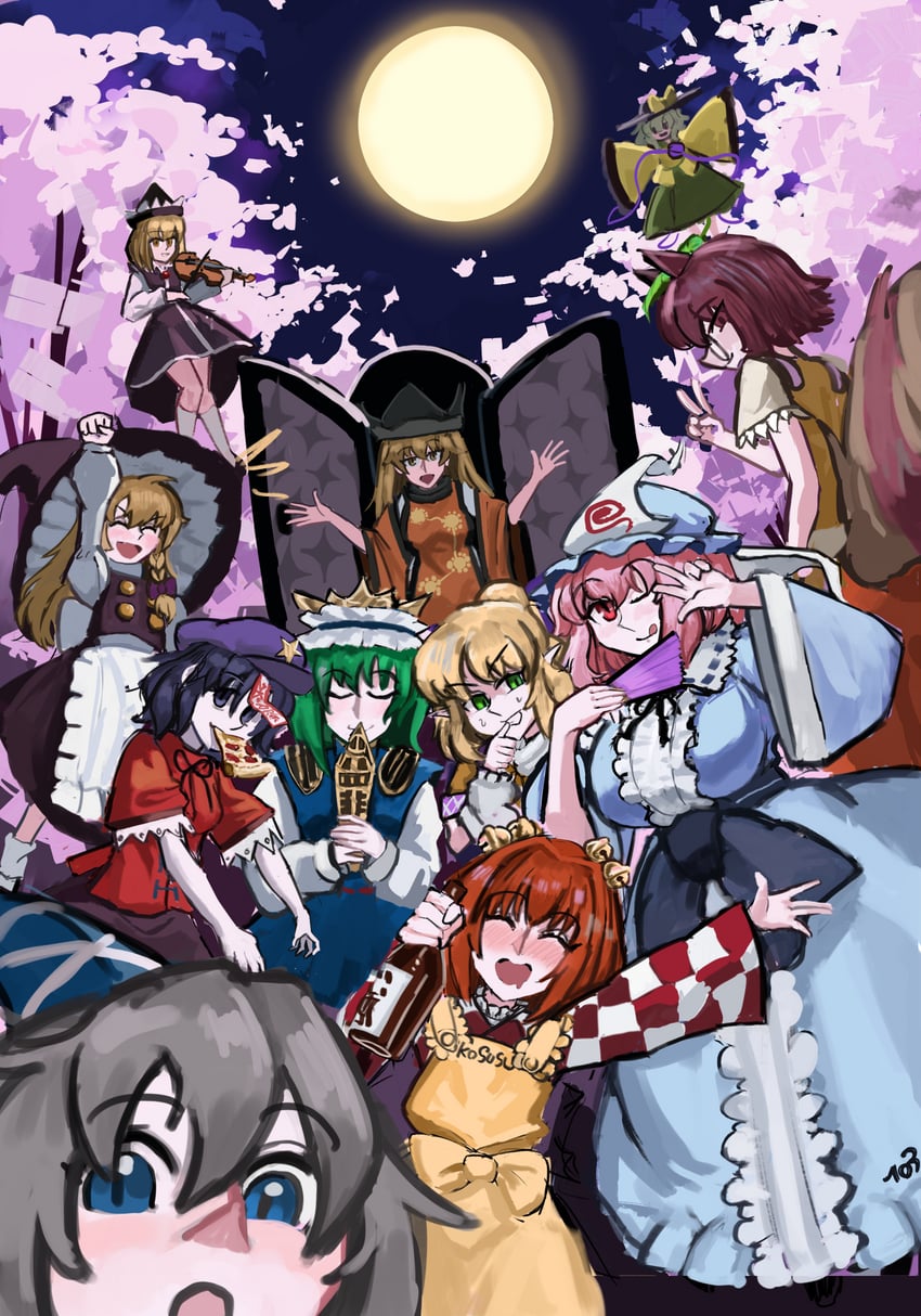 kirisame marisa, komeiji koishi, saigyouji yuyuko, mizuhashi parsee, mononobe no futo, and 6 more (touhou) drawn by 103anon