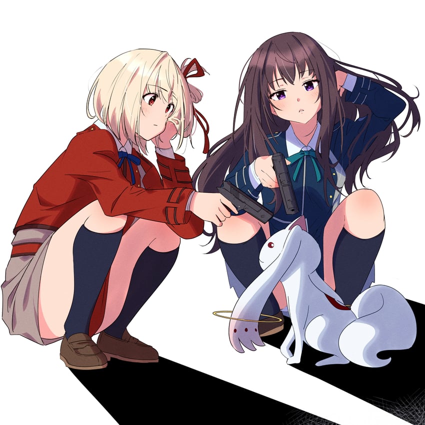 kyubey, nishikigi chisato, and inoue takina (mahou shoujo madoka magica and 1 more) drawn by cruzango0510