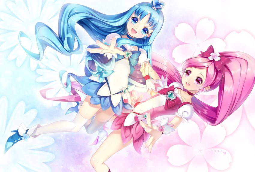 kurumi erika, hanasaki tsubomi, cure marine, and cure blossom (precure and 1 more) drawn by paint_musume