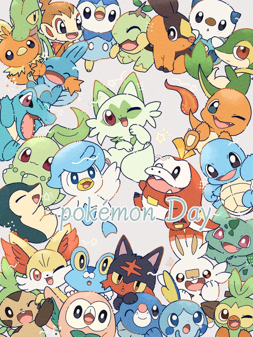 rowlet, piplup, bulbasaur, sprigatito, scorbunny, and 22 more (pokemon) drawn by jira_077