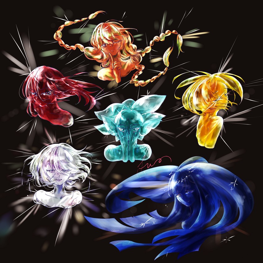 phosphophyllite, diamond, cinnabar, lapis lazuli, yellow diamond, and 1 more (houseki no kuni) drawn by fuu_(34fuka)