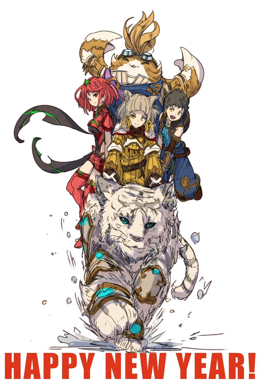 pyra, nia, rex, and dromarch (xenoblade chronicles and 1 more) drawn by poteto_(potetosarada123)