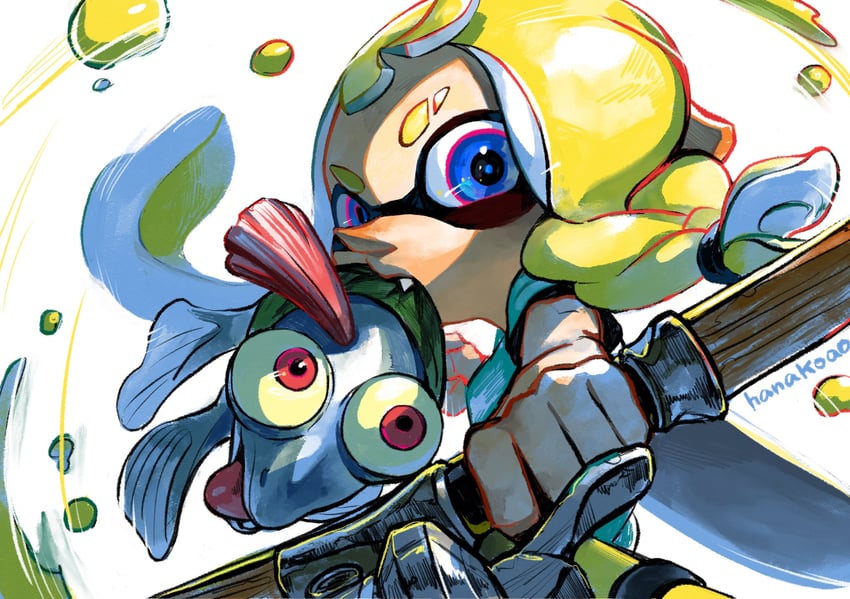 inkling player character, inkling girl, and smallfry (splatoon and 1 more) drawn by hanako515_ika