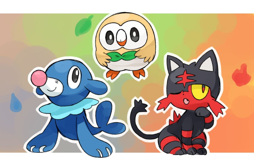 rowlet, popplio, and litten (pokemon) drawn by fukumitsu_(kirarirorustar)