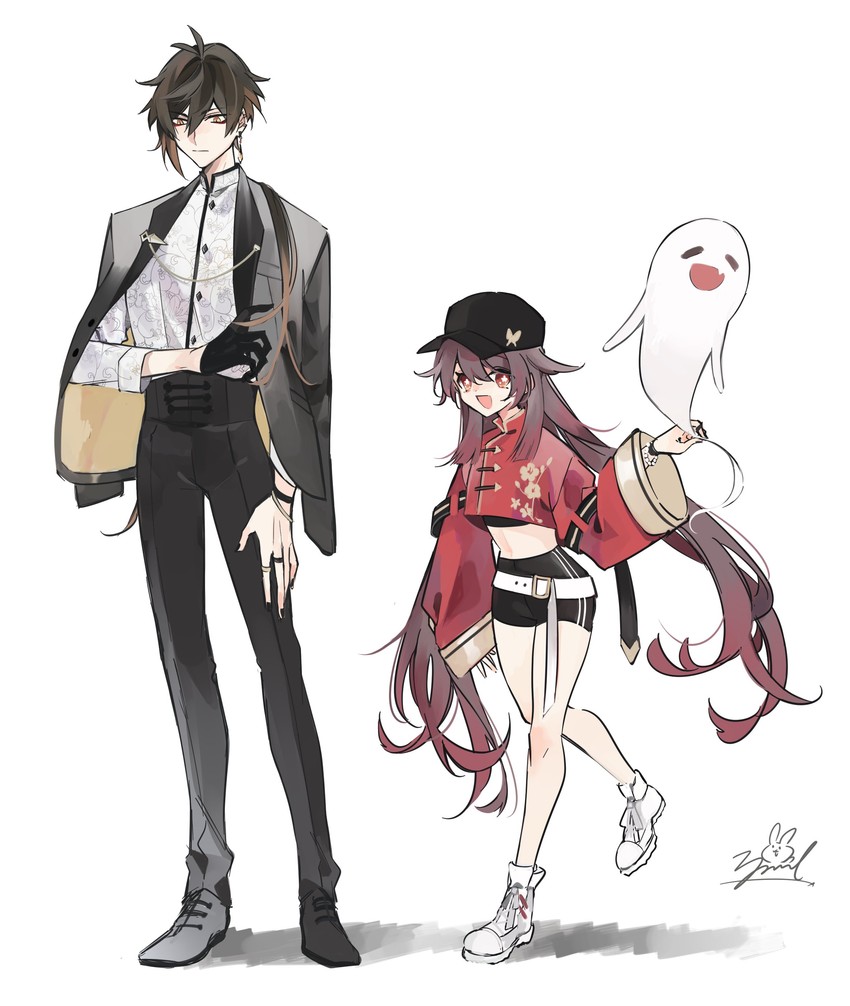 hu tao, zhongli, and boo tao (genshin impact) drawn by zoo_min