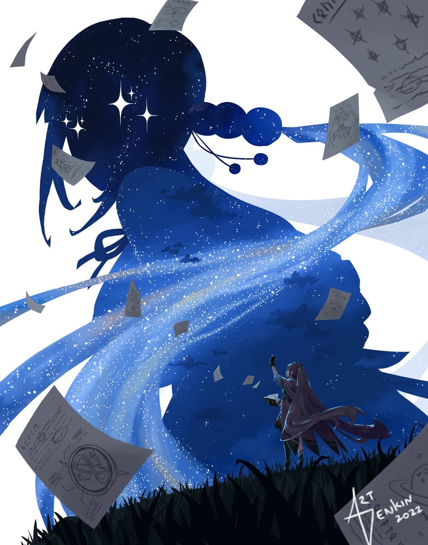 nanashi mumei, tsukumo sana, yatagarasu, and nanashi mumei's horror painting (hololive and 1 more) drawn by artdenkin