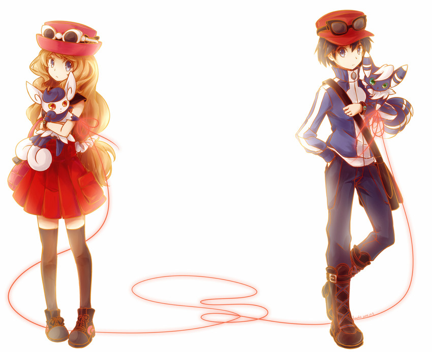 serena, calem, and meowstic (pokemon and 1 more) drawn by hacko