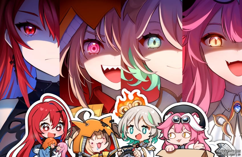 mori calliope, takanashi kiara, raora panthera, gigi murin, cecilia immergreen, and 1 more (hololive and 1 more) drawn by pokey