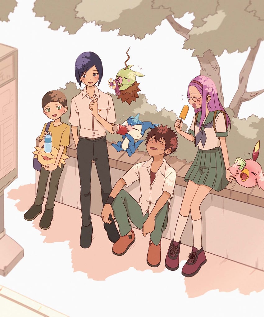 motomiya daisuke, inoue miyako, ichijouji ken, chibimon, hida iori, and 3 more (digimon and 1 more) drawn by gdn0522
