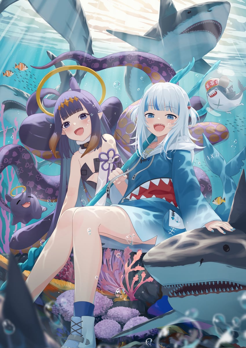 gawr gura, ninomae ina'nis, takodachi, and bloop (hololive and 1 more) drawn by shima46