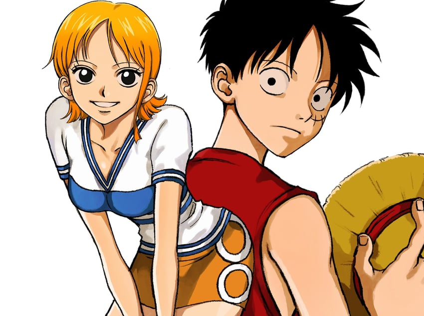 nami and monkey d. luffy (one piece) drawn by keppon