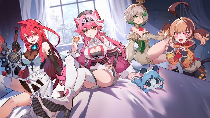 raora panthera, gigi murin, cecilia immergreen, elizabeth rose bloodflame, and chattino (hololive and 1 more) drawn by currynoodle_art