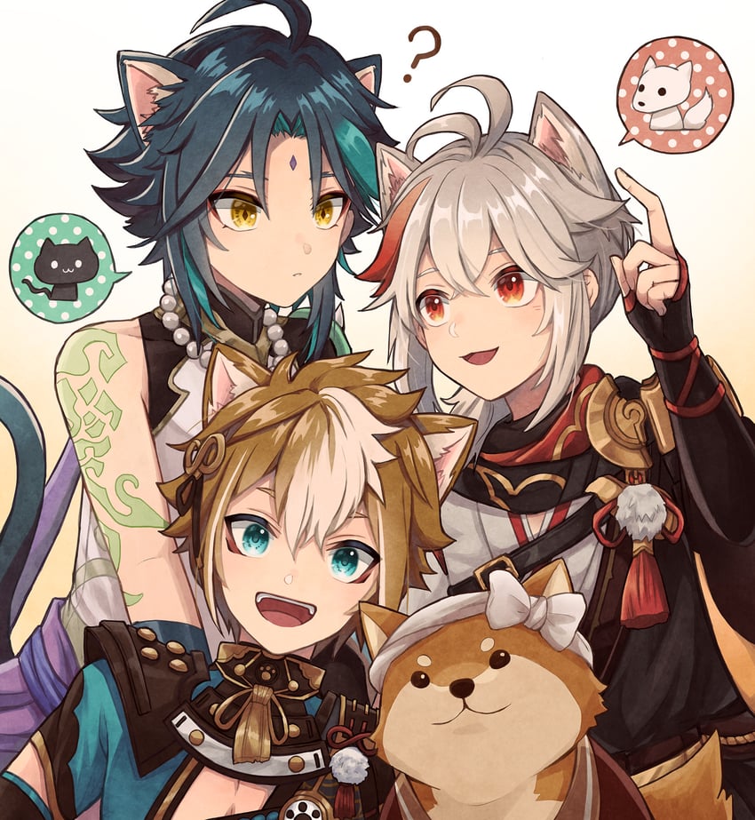 xiao, kaedehara kazuha, gorou, and taroumaru (genshin impact) drawn by su34ma