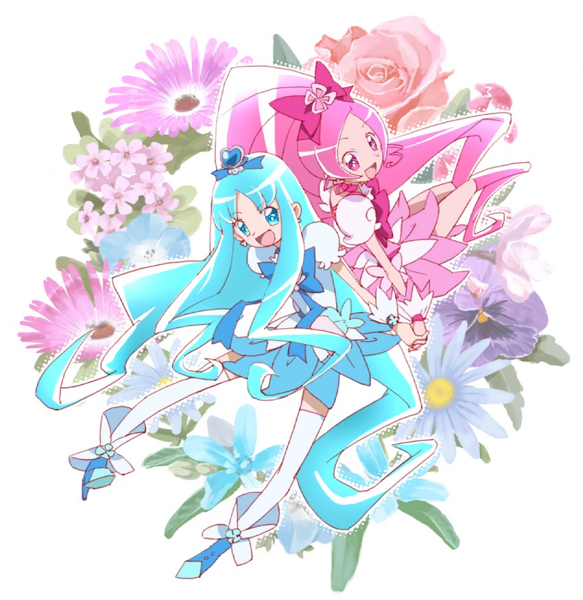 kurumi erika, hanasaki tsubomi, cure marine, and cure blossom (precure and 1 more) drawn by chaunen
