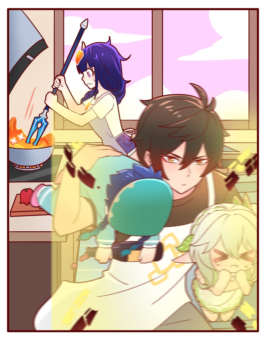 raiden shogun, nahida, zhongli, venti, and slime (genshin impact) drawn by da_shi_tou_xian_sheng