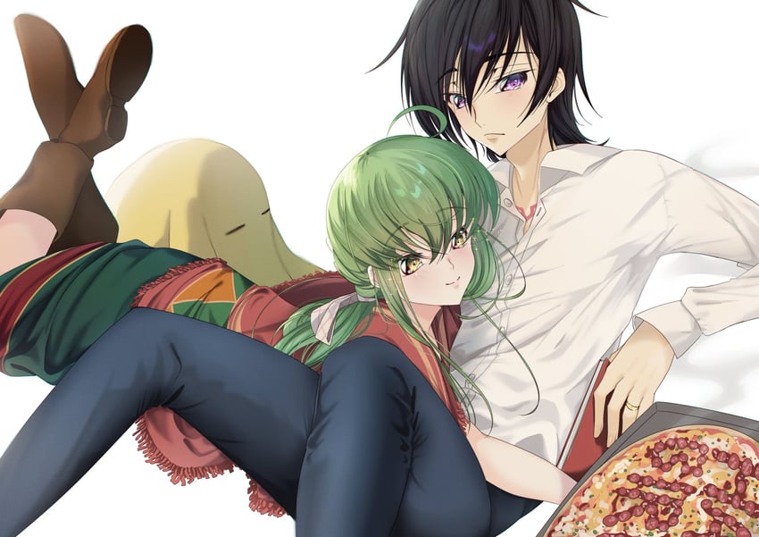 c.c., lelouch vi britannia, and cheese-kun (code geass and 1 more) drawn by budgiepon