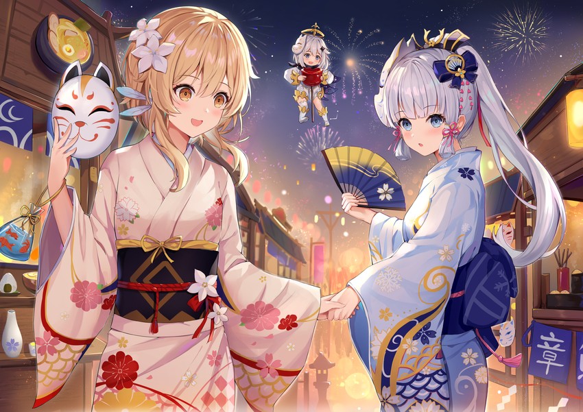 lumine, paimon, and kamisato ayaka (genshin impact) drawn by hokori_sakuni