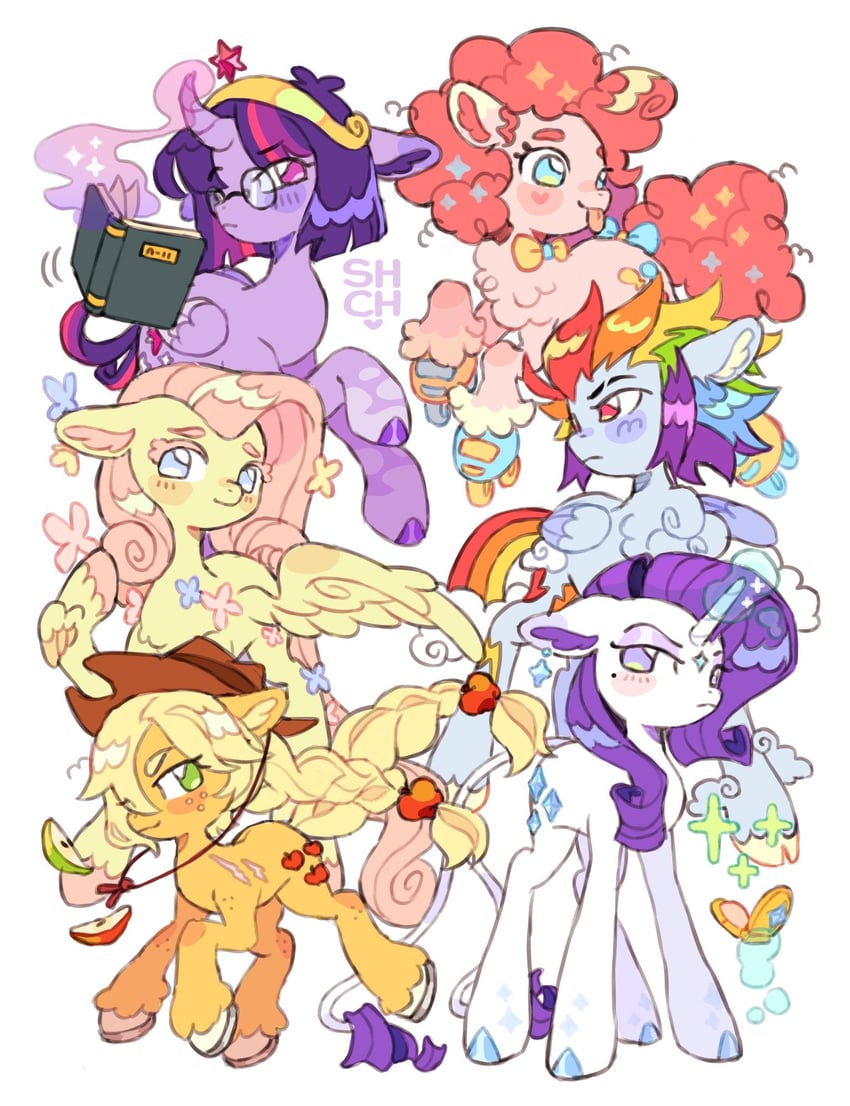 twilight sparkle, fluttershy, rainbow dash, pinkie pie, rarity, and 1 more (my little pony and 1 more) drawn by sharpycharot
