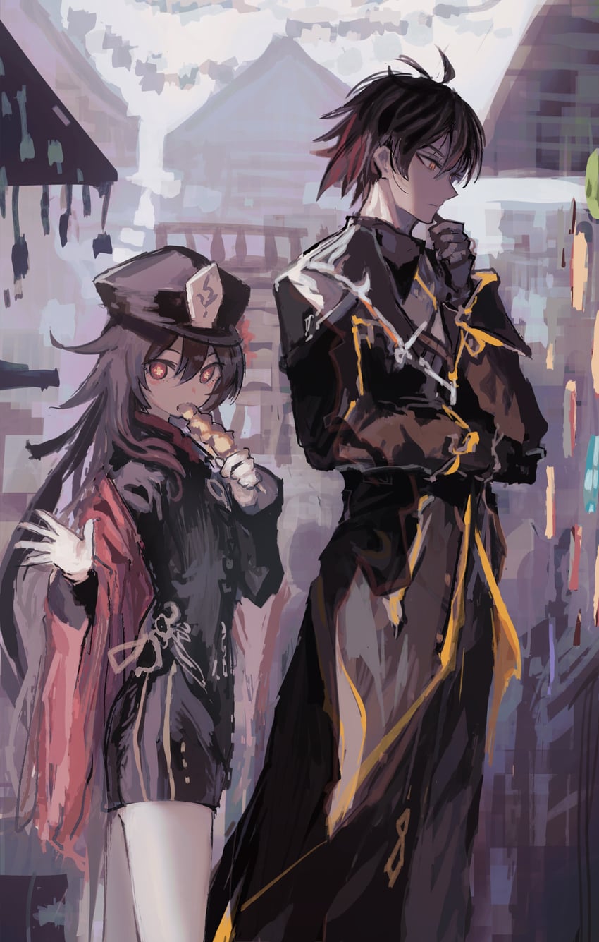 hu tao and zhongli (genshin impact) drawn by inaeda_kei