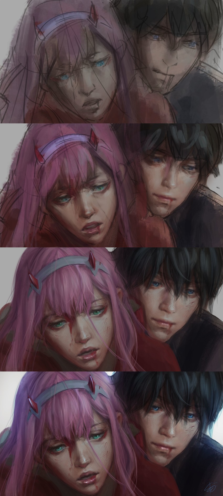 zero two and hiro (darling in the franxx) drawn by ksenia_shepel