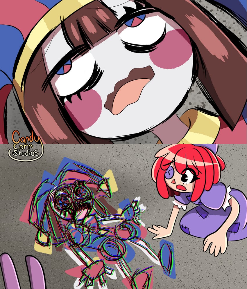 pomni, jax, and ragatha (bocchi the rock! and 1 more) drawn by mantisshrimpp