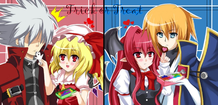flandre scarlet, koakuma, ragna the bloodedge, and jin kisaragi (touhou and 1 more) drawn by eien_no_kurayami