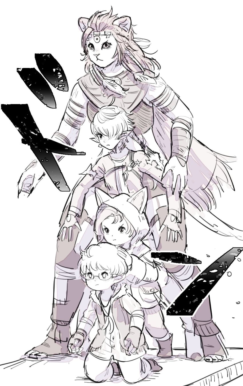 warrior of light, alisaie leveilleur, krile baldesion, and wuk lamat (final fantasy and 1 more) drawn by nomu_poncha