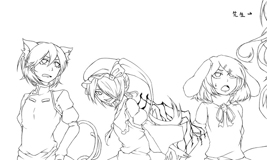 flandre scarlet, chen, kamishirasawa keine, and inaba tewi (touhou) drawn by enami_hakase