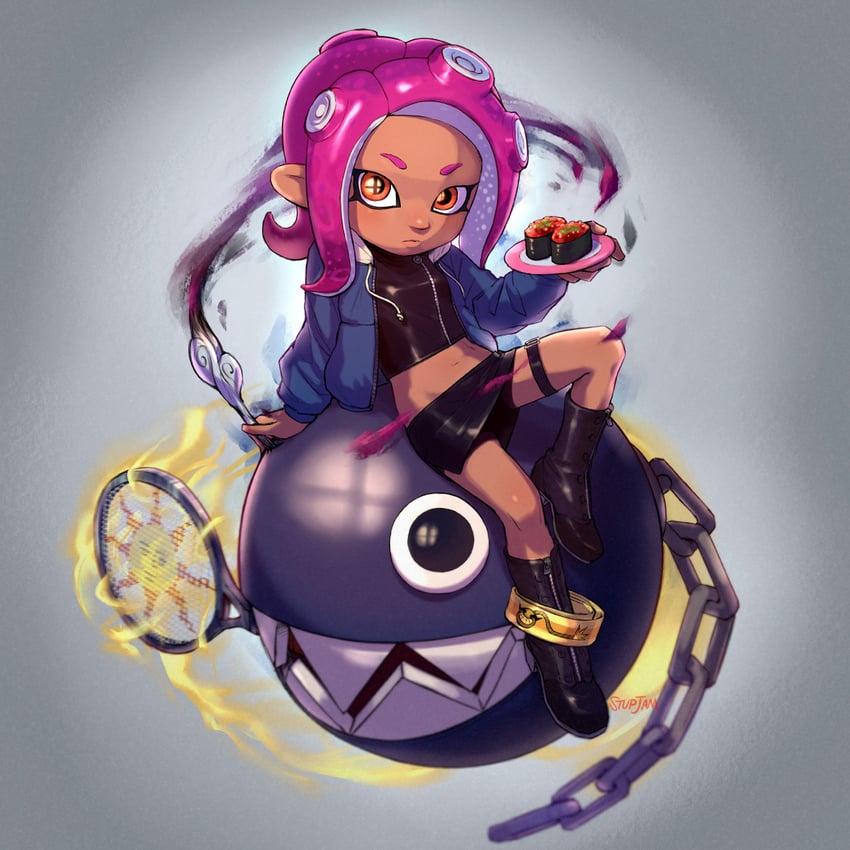 octoling player character, octoling girl, sans, and chain chomp (splatoon and 2 more) drawn by stup-jam