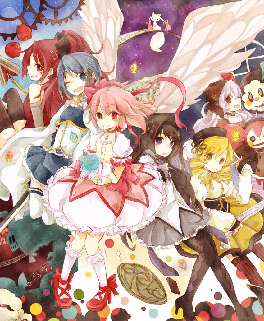 akemi homura, kaname madoka, miki sayaka, sakura kyoko, tomoe mami, and 3 more (mahou shoujo madoka magica and 1 more) drawn by basara_masa