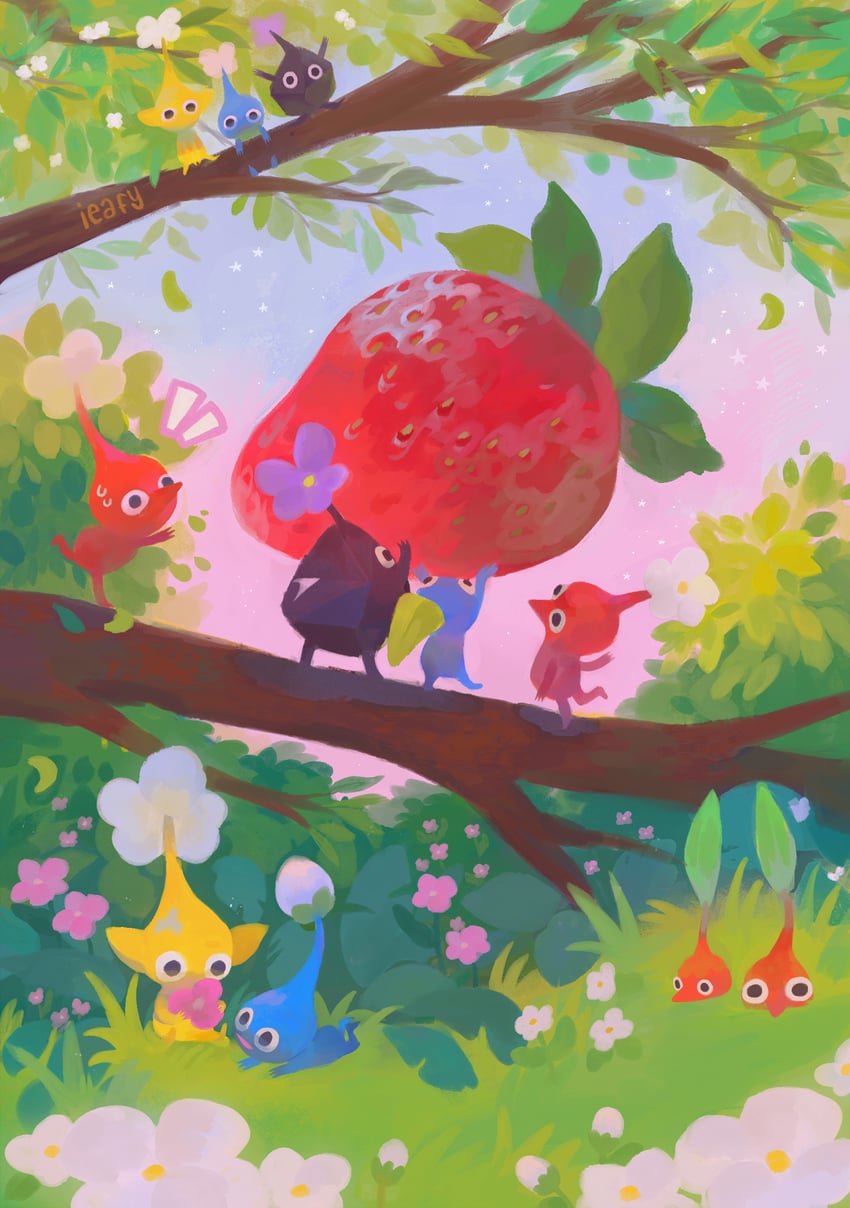red pikmin, yellow pikmin, and blue pikmin (pikmin) drawn by ieafy
