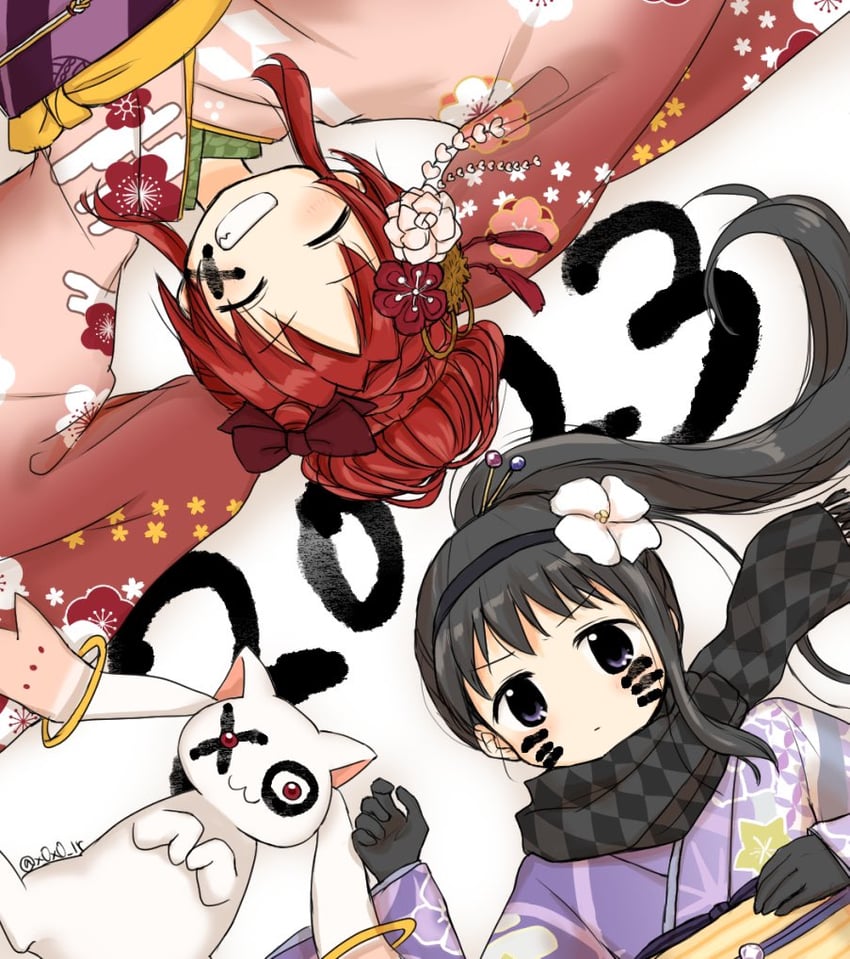 akemi homura, sakura kyoko, and kyubey (mahou shoujo madoka magica and 1 more) drawn by rioran