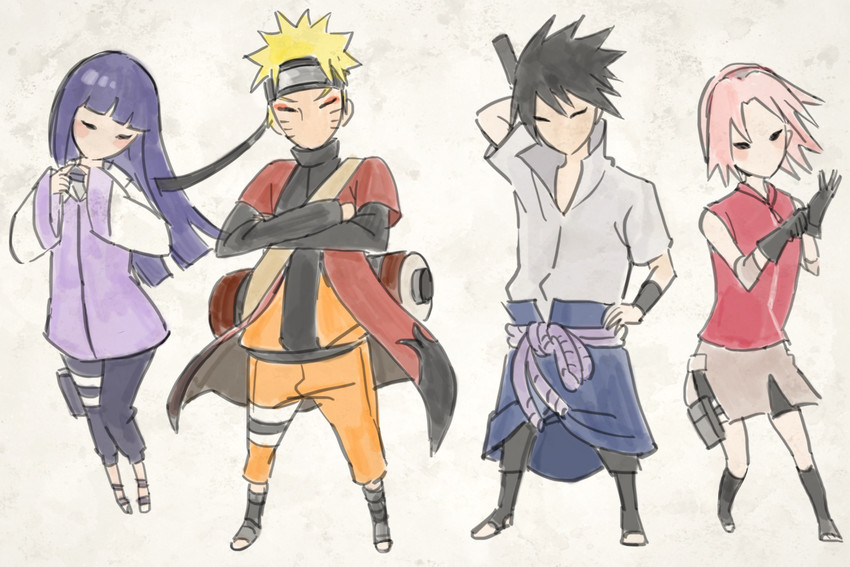 haruno sakura, uzumaki naruto, hyuuga hinata, and uchiha sasuke (naruto and 2 more) drawn by kumoko_(supermoichan)