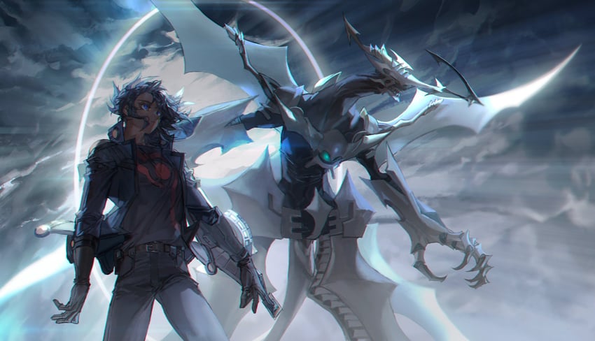 fudo yusei and shooting quasar dragon (yu-gi-oh! and 1 more) drawn by momentcorefly