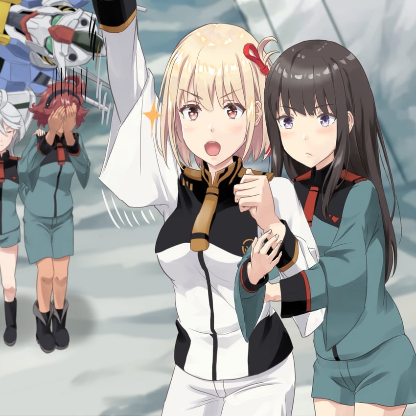 nishikigi chisato, suletta mercury, miorine rembran, inoue takina, and gundam aerial (gundam and 2 more) drawn by aokonnno