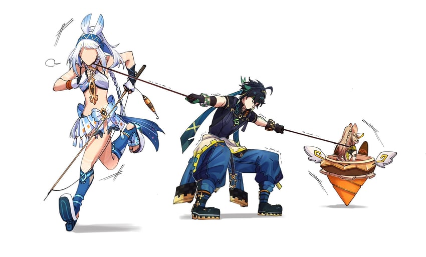 mualani, kinich, and kachina (genshin impact) drawn by yuka_(pixiv38407039)