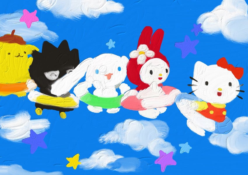cinnamoroll, hello kitty, my melody, pompompurin, and badtz-maru (sanrio and 3 more) drawn by terrormono